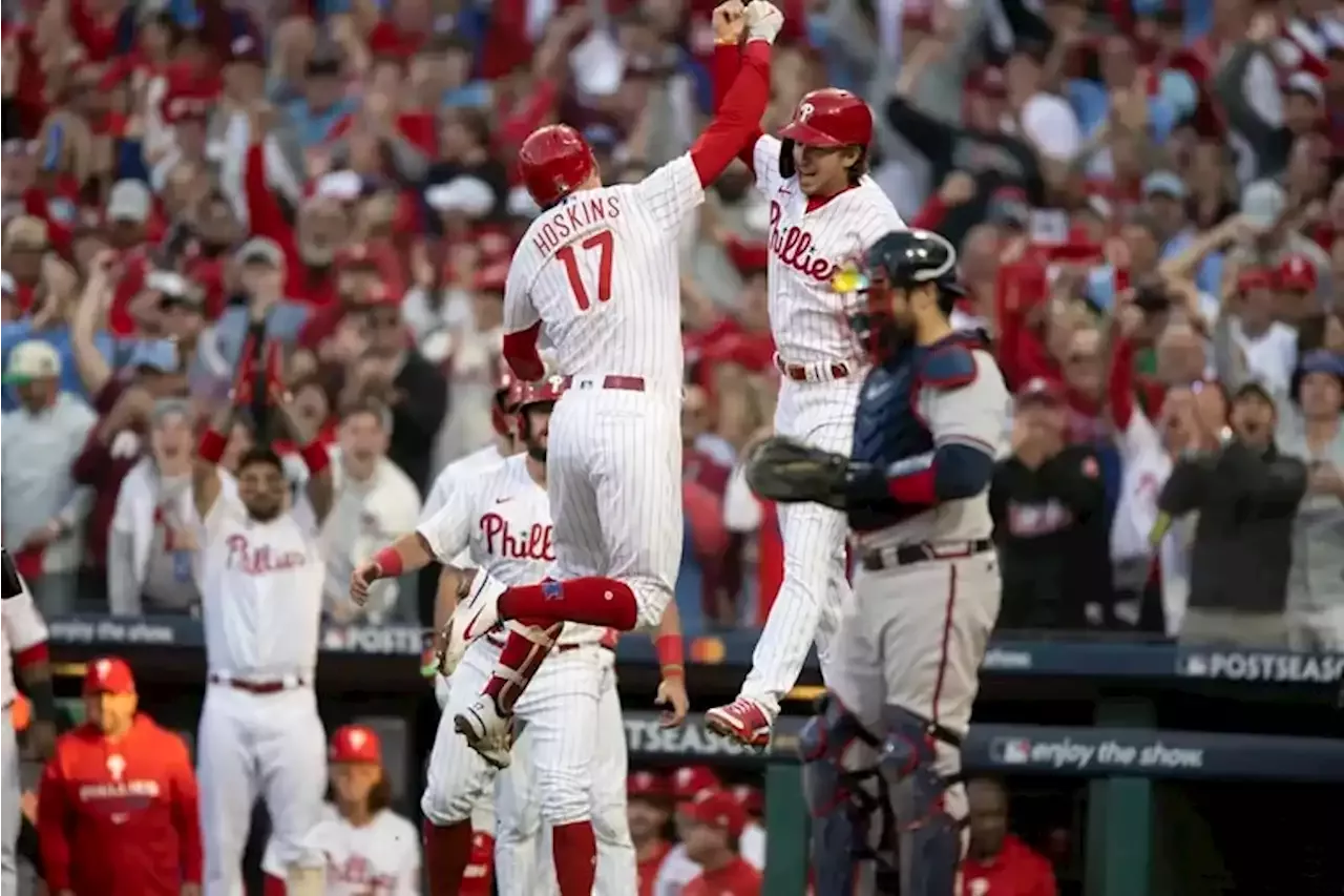 Phillies ride Bryson Stott, Rhys Hoskins, and Aaron Nola to 9-1 rout of  Braves and move one win from NLCS