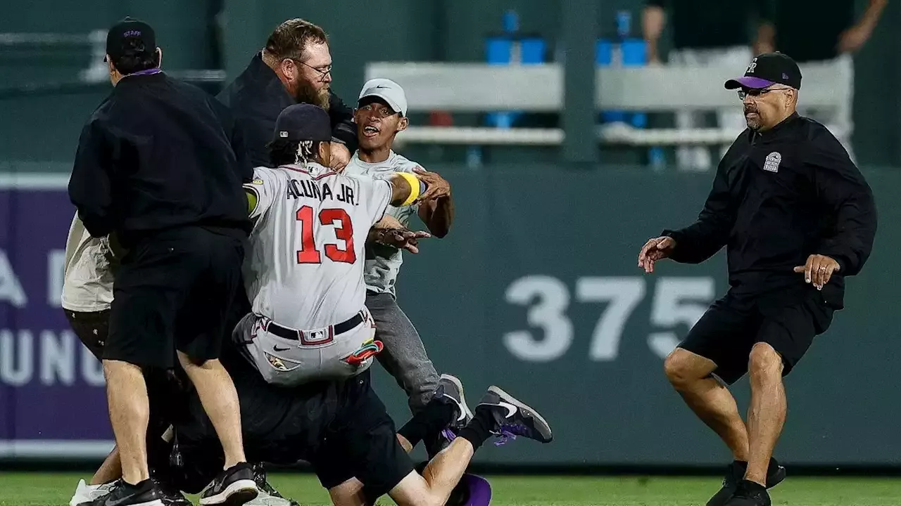 Austin Gomber injured, Ronald Acuna tackled in Rockies' ugly 14-4